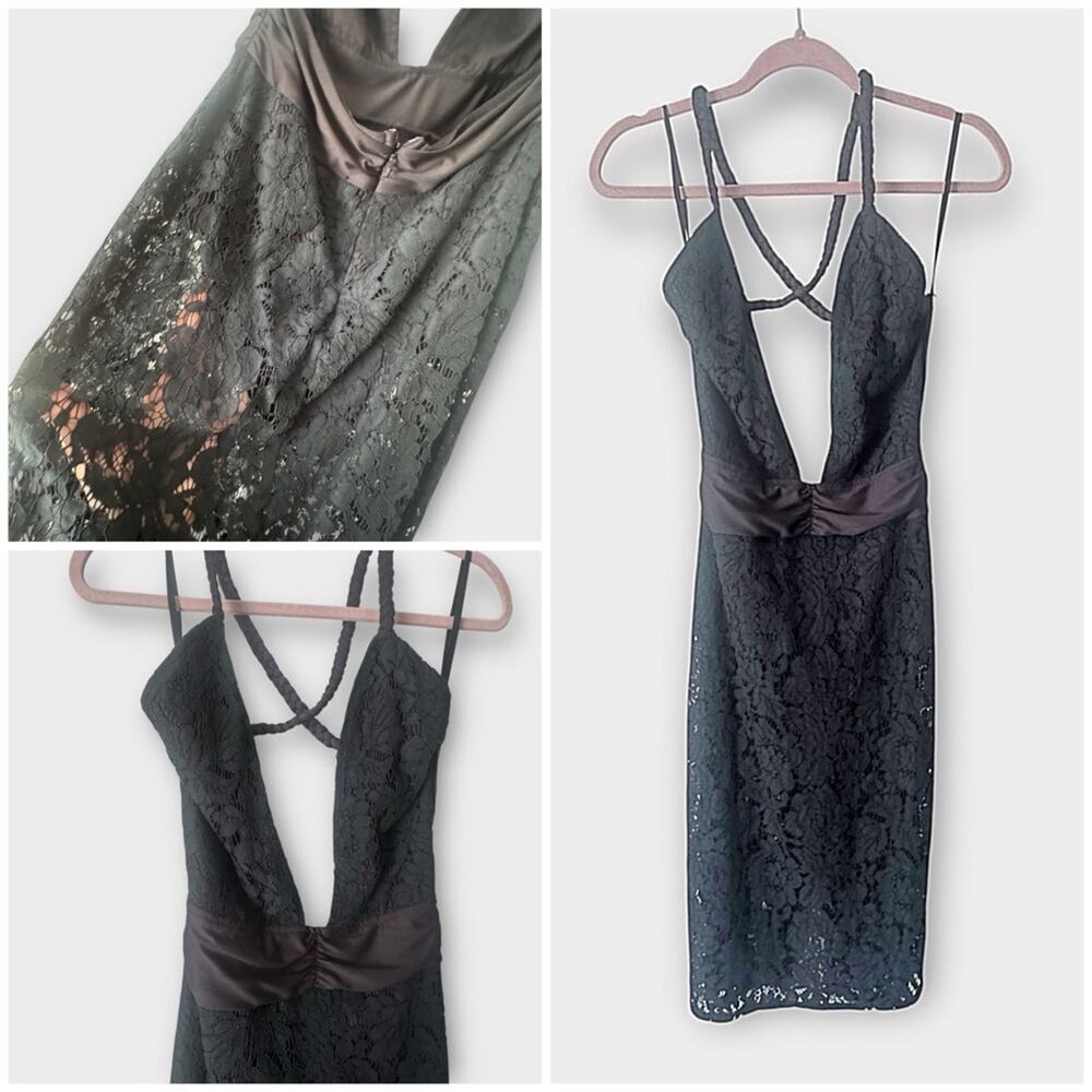 Cherry Mellow black lace midi dress with low cut and bodysuit underneath